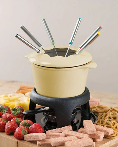 Enamelled Cast Iron Fondue Set Cream