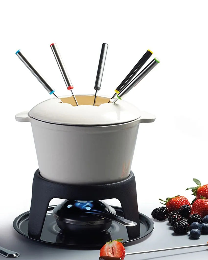 Enamelled Cast Iron Fondue Set Cream