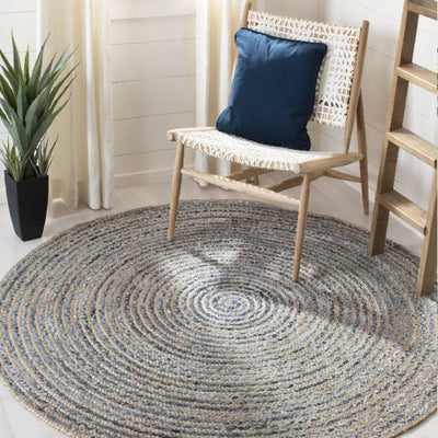 Chindi and Jute Round Hand Woven Dhurrie Rug Eco Friendly Chic | Blue | 4 x 4 Feet