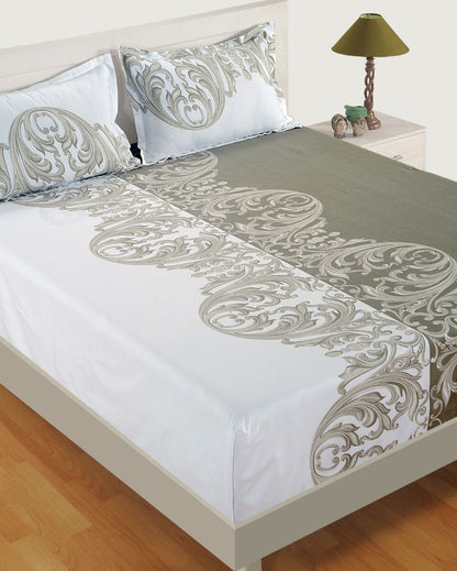 White Ethnic Shadow Print Cotton Bedding Set With Pillow Covers | Double Fitted, Double Or King Size  | 72 x 78 Inches , 90 x 108 Inches , 108 x 108 Inches Double Fitted