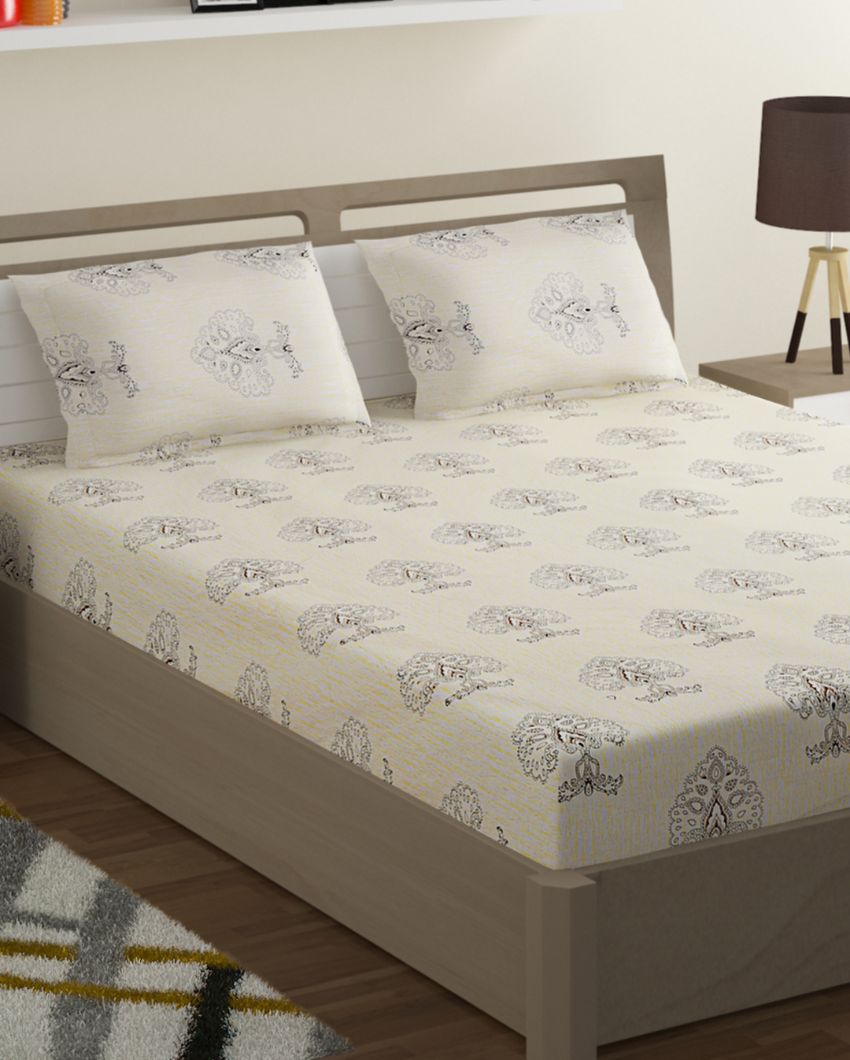 Isiadora Cotton Fitted Double Bedsheet with 2 Pillow Covers | Double Fitted Size | 72 x 78 Inches