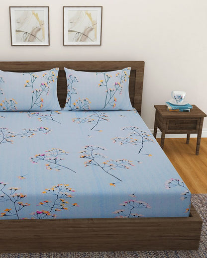 Euggeria Cotton Fitted Double Bedsheet with 2 Pillow Covers | Double Fitted Size | 72 x 78 Inches
