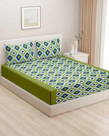Green Thick Geometric Print Cotton Bedding Set With Pillow Covers | Single, Double Fitted, Double Or King Size | 60 x 90 Inches , 72 x 78 Inches , 90 x 108 Inches , 108 x 108 Inches Double Fitted