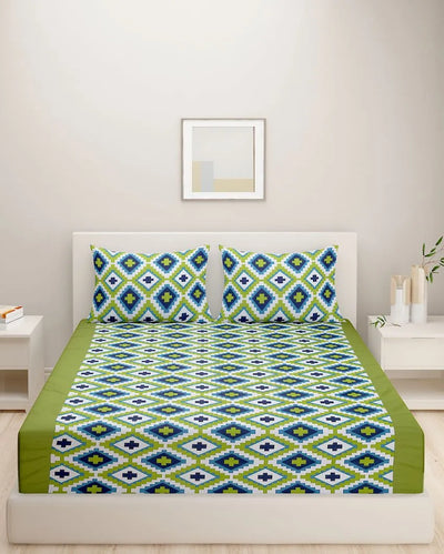 Green Thick Geometric Print Cotton Bedding Set With Pillow Covers | Single, Double Fitted, Double Or King Size | 60 x 90 Inches , 72 x 78 Inches , 90 x 108 Inches , 108 x 108 Inches Double Fitted