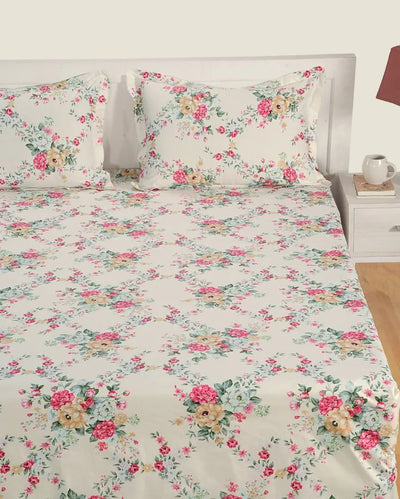 Motifs Print Cotton Fitted Double Bedsheet with 2 Pillow Covers | Double Fitted Size | 72 x 78 Inches