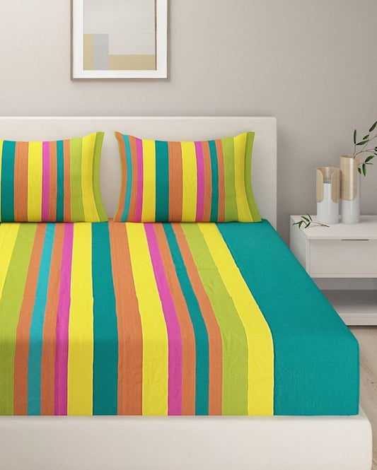 Green Stripes Printed Cotton Bedding Set With Pillow Covers | Double Or Double Fitted Size | 90 x 108 Inches , 72 x 78 Inches Double Fitted
