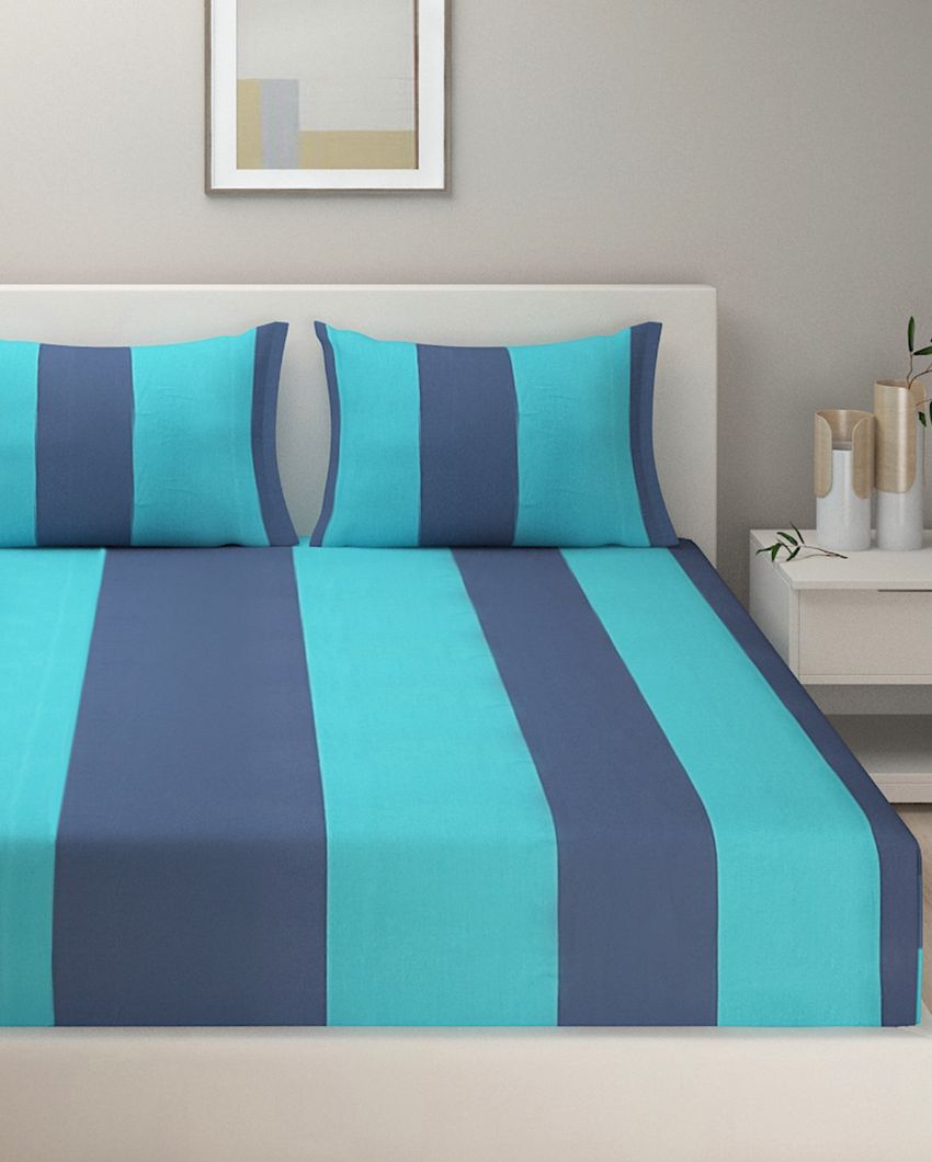 Blue Stripes Printed Cotton Bedding Set With Pillow Covers | Double Or Double Fitted Size | 90 x 108 Inches , 72 x 78 Inches Double Fitted