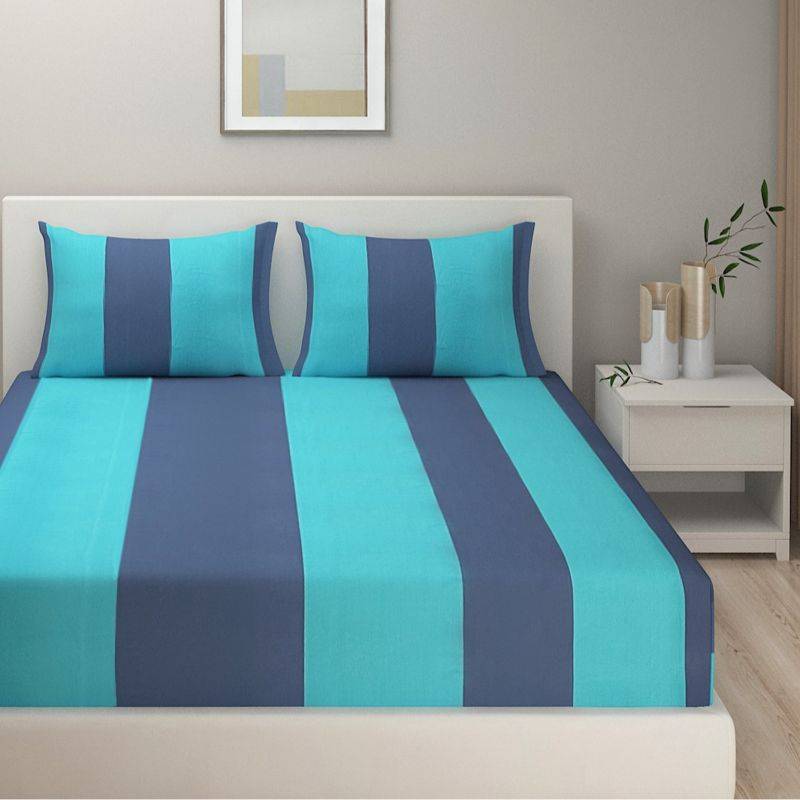 Blue Stripes Printed Cotton Bedding Set Double Fitted