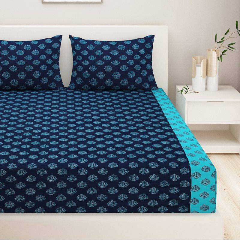 Turquoise Geometric Printed Cotton Bedding Set Double Fitted