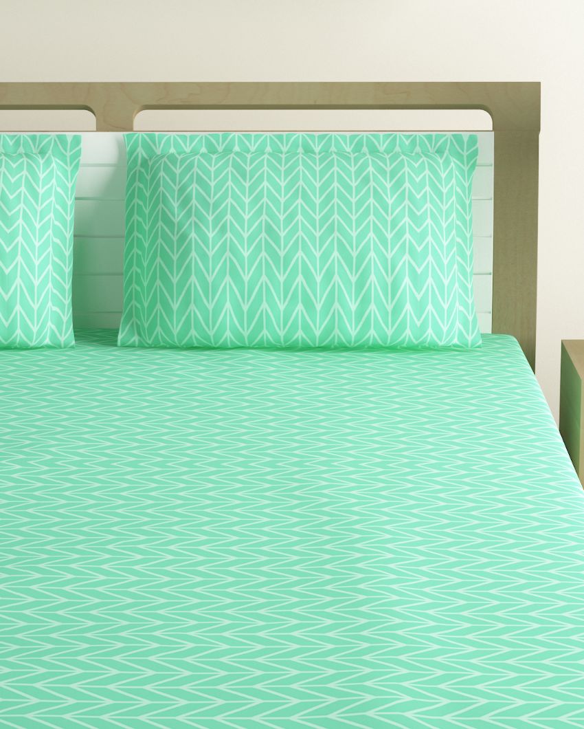 Savannah Cotton Fitted Double Bedsheet with 2 Pillow Covers | Double Fitted Size | 72 x 78 Inches Light Green