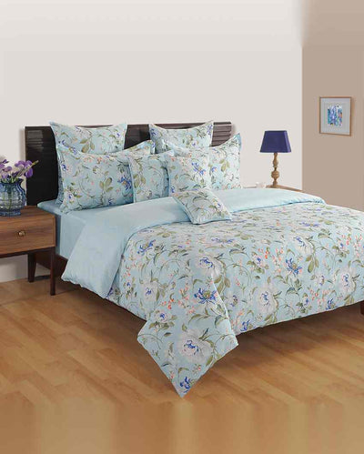 Cool Blue Floral Roto Cotton One King Fitted Bedsheet With Two Pillow Covers Set | 78 x 72 x 10 inches