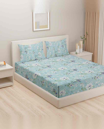 Cool Blue Floral Roto Cotton One King Fitted Bedsheet With Two Pillow Covers Set | 78 x 72 x 10 inches