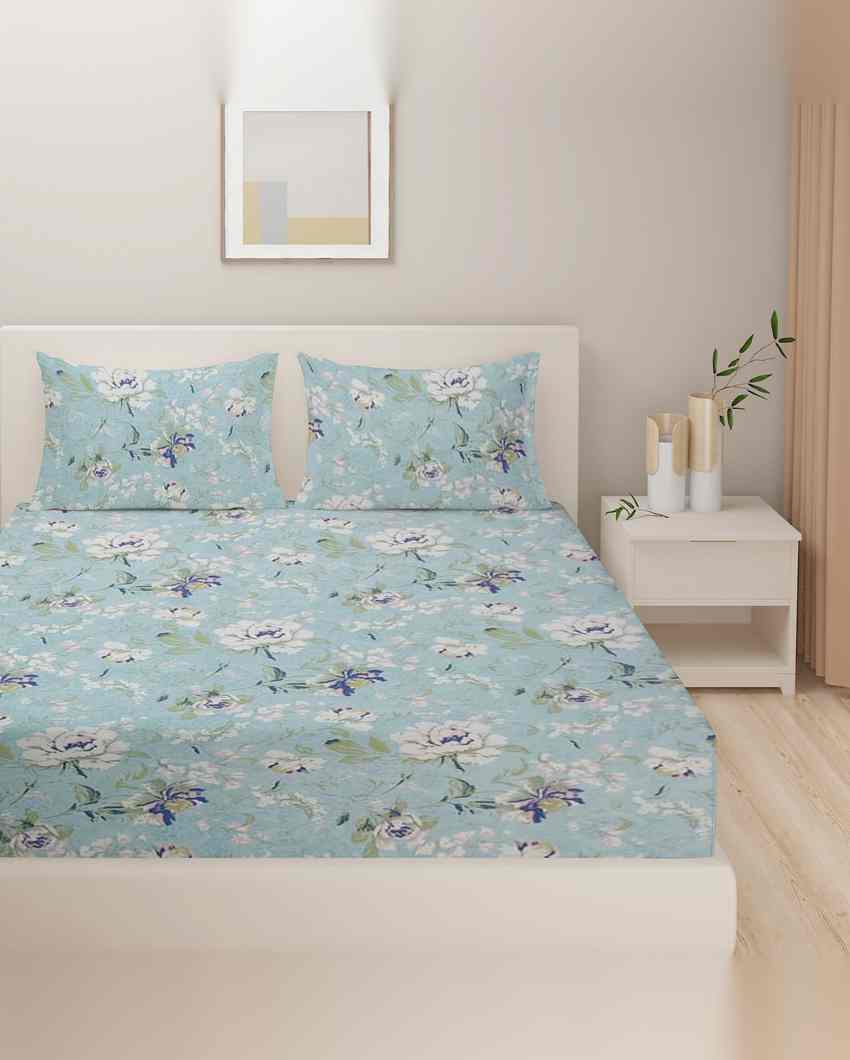 Cool Blue Floral Roto Cotton One King Fitted Bedsheet With Two Pillow Covers Set | 78 x 72 x 10 inches