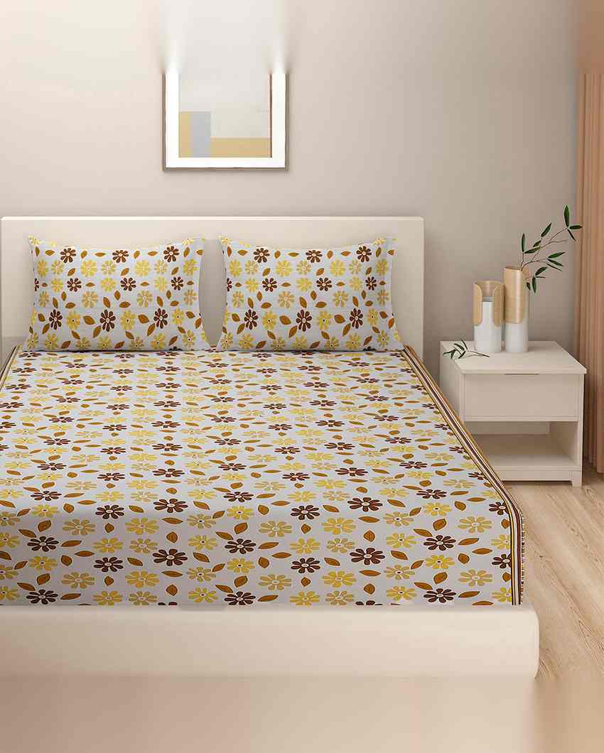 Vibrant Floral Veda Pure Cotton One King Fitted Bedsheet With Two Pillow Covers Set | 78 x 72 x 10 inches