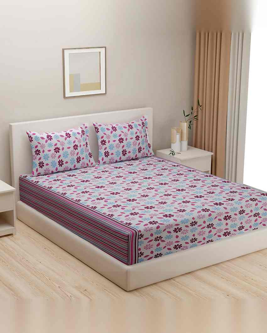 Stylish Floral Veda Pure Cotton One King Fitted Bedsheet With Two Pillow Covers Set | 78 x 72 x 10 inches