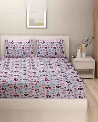 Stylish Floral Veda Pure Cotton One King Fitted Bedsheet With Two Pillow Covers Set | 78 x 72 x 10 inches