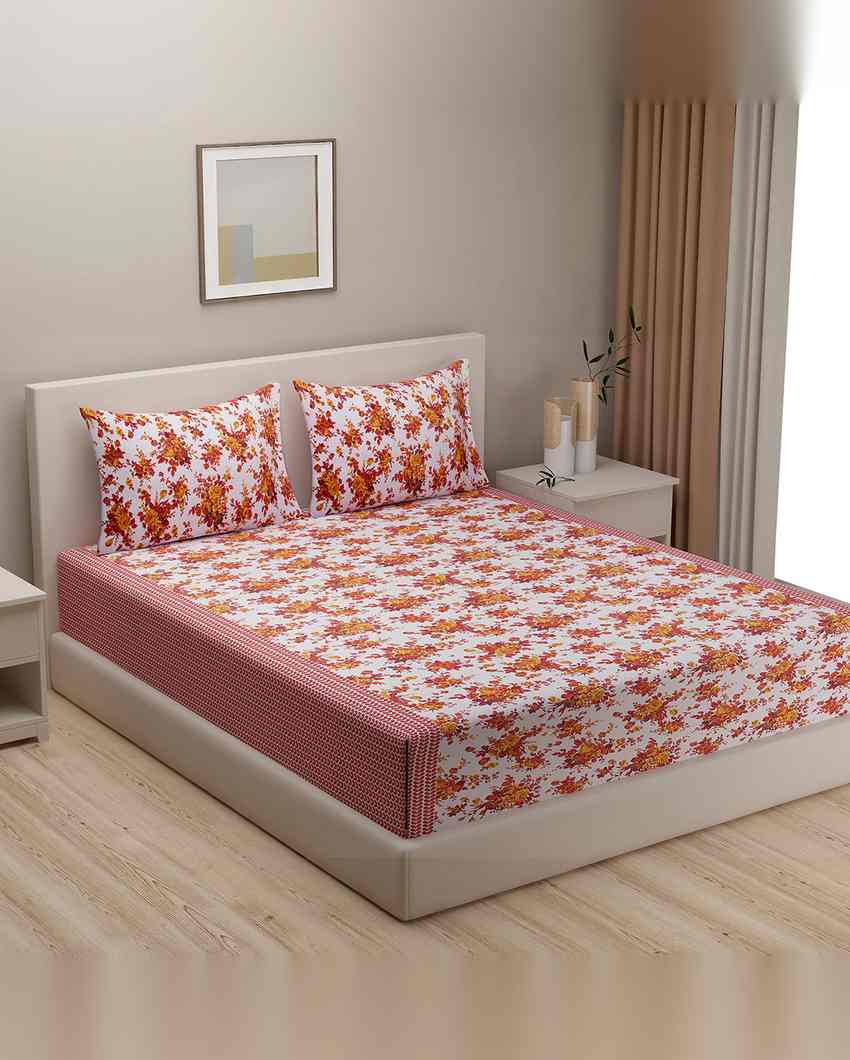 Chic Floral Veda Pure Cotton One King Fitted Bedsheet With Two Pillow Covers Set | 78 x 72 x 10 inches