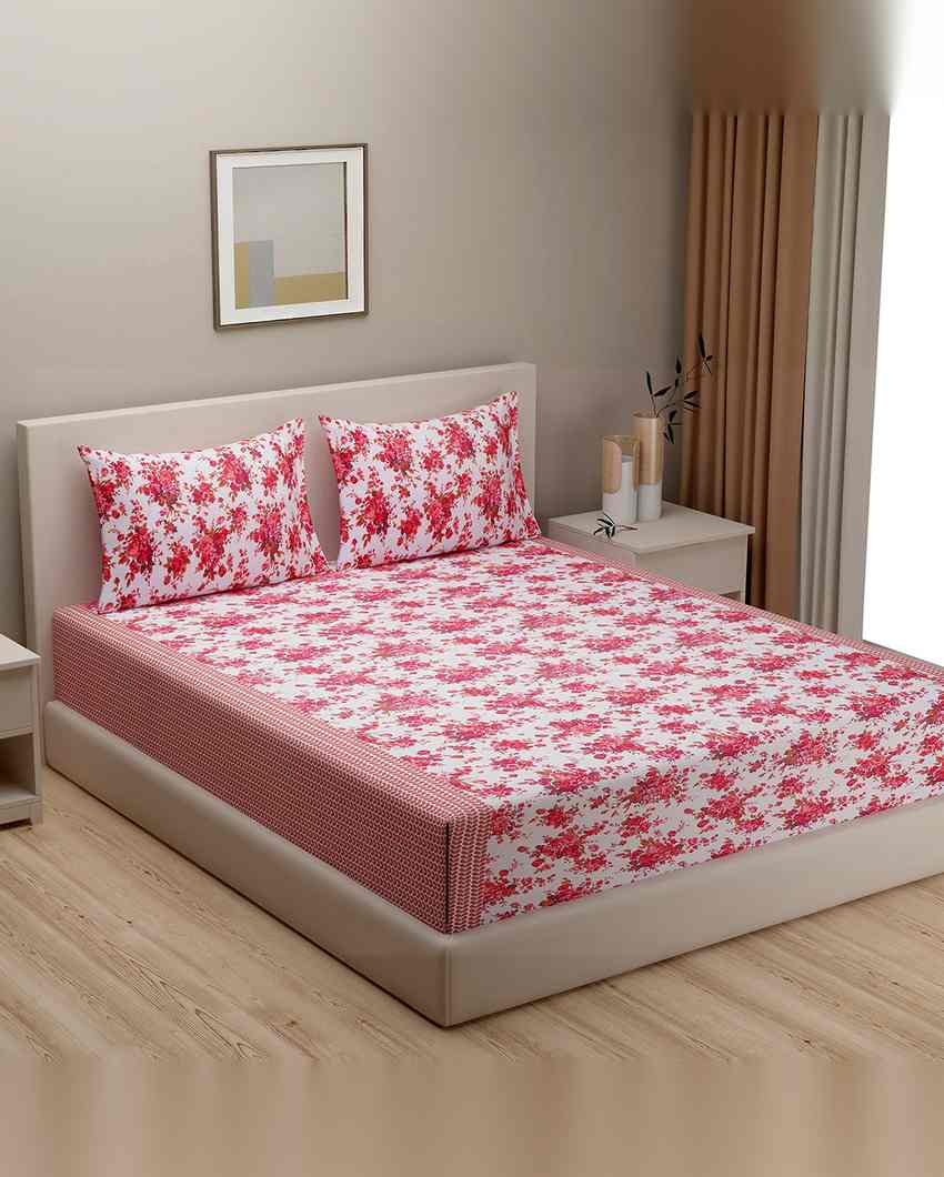 Modern Floral Veda Pure Cotton One King Fitted Bedsheet With Two Pillow Covers Set | 78 x 72 x 10 inches