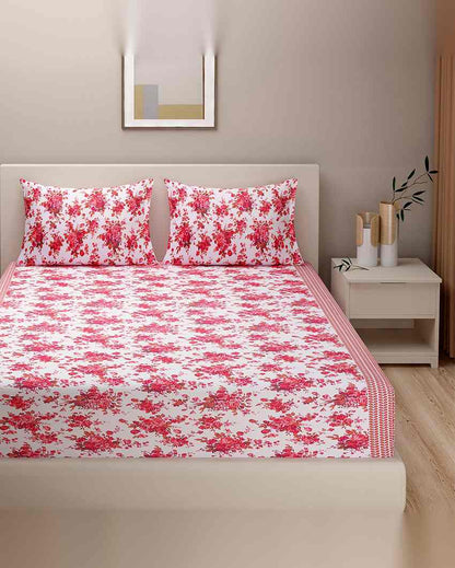 Modern Floral Veda Pure Cotton One King Fitted Bedsheet With Two Pillow Covers Set | 78 x 72 x 10 inches