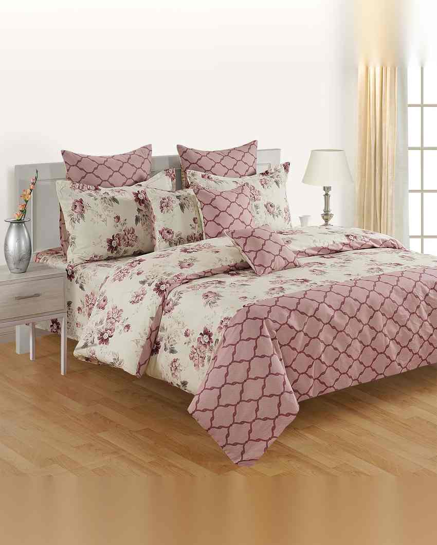 Classic Floral Veda Pure Cotton One King Fitted Bedsheet With Two Pillow Covers Set | 78 x 72 x 10 inches