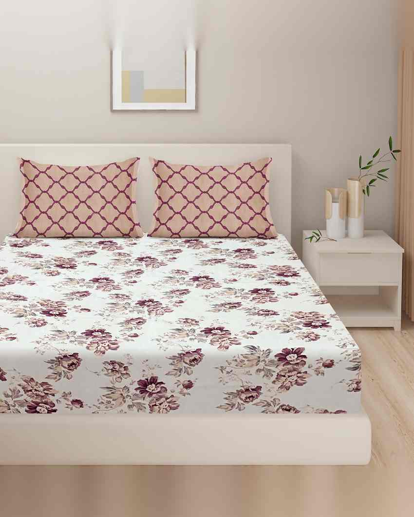 Classic Floral Veda Pure Cotton One King Fitted Bedsheet With Two Pillow Covers Set | 78 x 72 x 10 inches