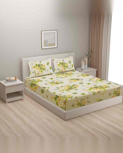 Timeless Veda Floral Print Pure Cotton King Fitted Bedsheet Set With Two Pillow Covers | 78 x 72 x 10 inches