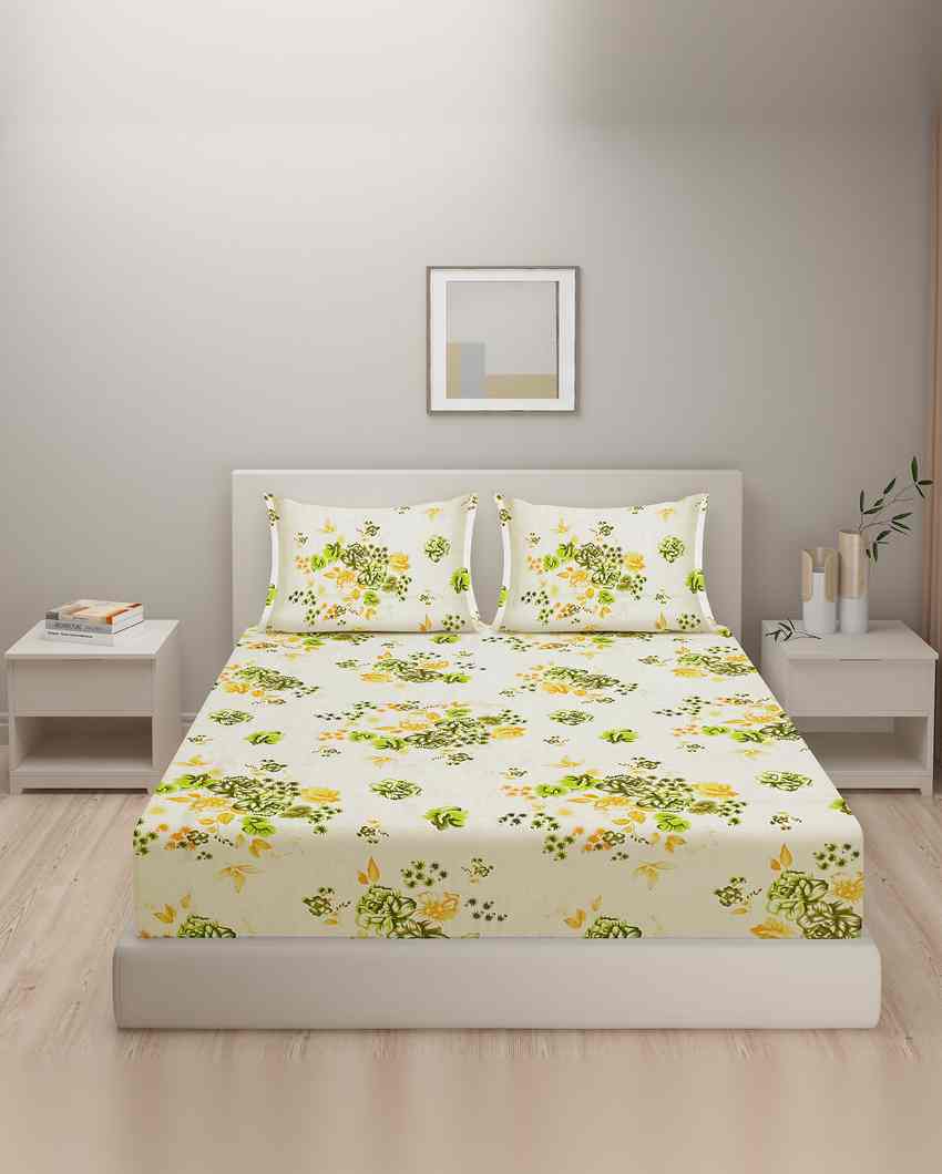 Timeless Veda Floral Print Pure Cotton King Fitted Bedsheet Set With Two Pillow Covers | 78 x 72 x 10 inches