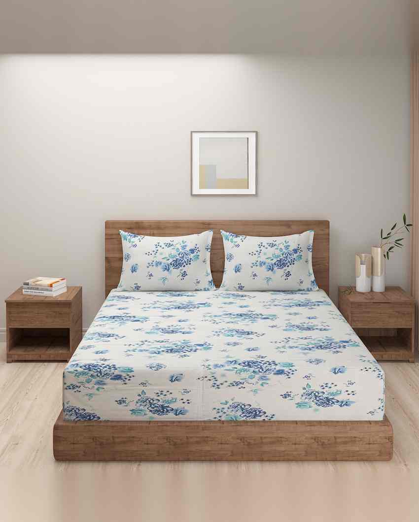 Elegant Veda Floral Print Pure Cotton King Fitted Bedsheet With Two Pillow Covers Set | 78 x 72 x 10 inches