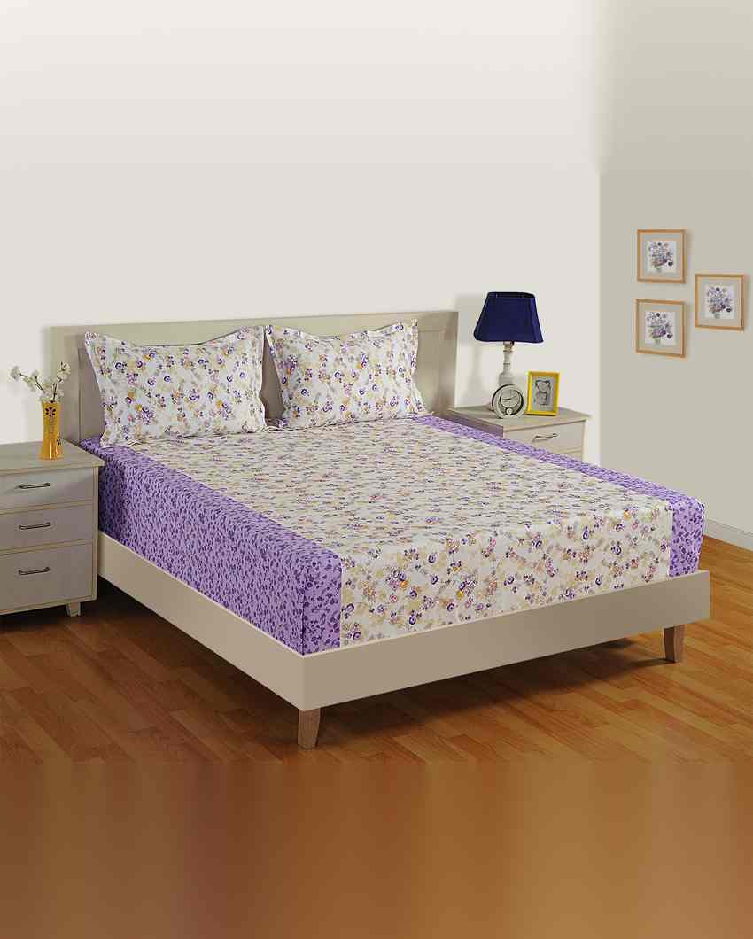 Comfortable Floral Veda Pure Cotton One King Fitted Bedsheet With Two Pillow Covers Set | 78 x 72 x 10 inches