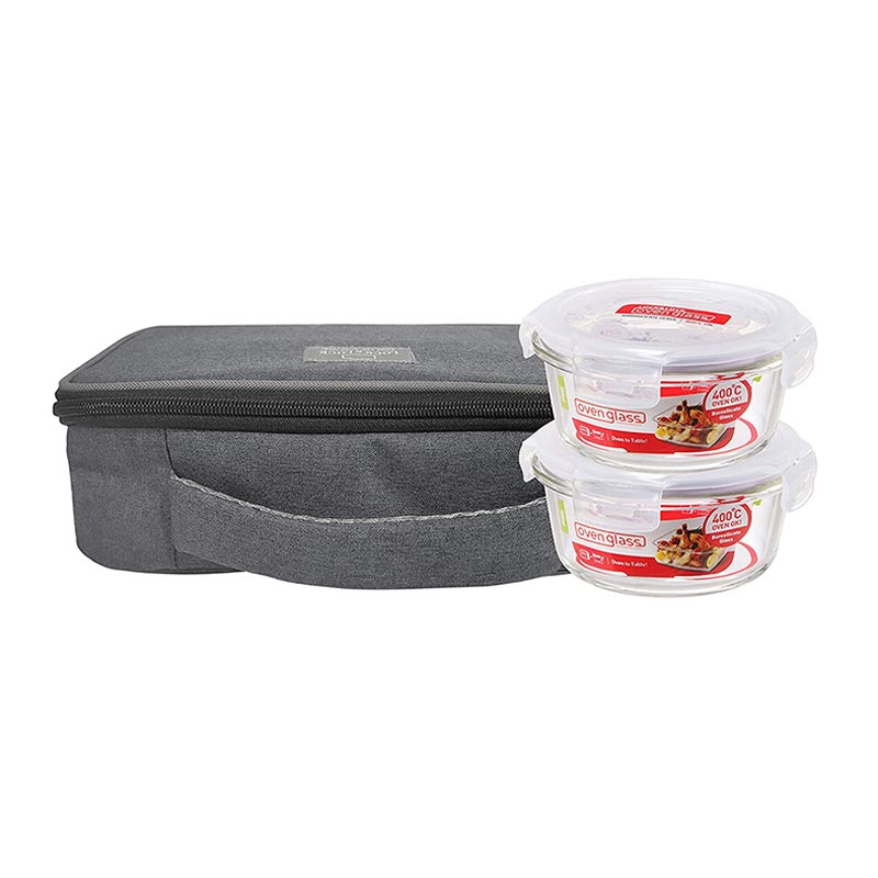 Airtight Glass Food Containers Flat Lunch Box with Bag | 380ml | Set of 2 | Multiple Colors