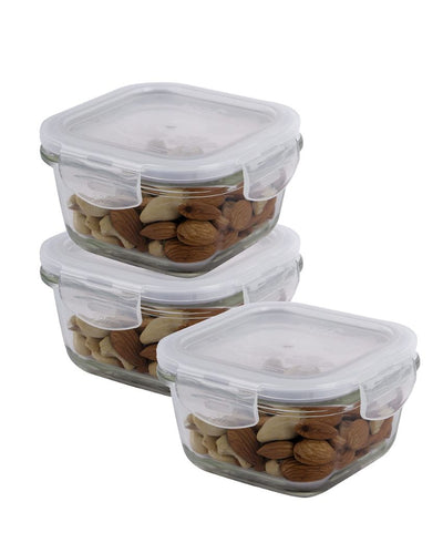 Euro Glass Square Food Storage Containers With Lid | 300ml | Set Of 3