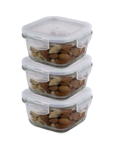 Euro Glass Square Food Storage Containers With Lid | 300ml | Set Of 3