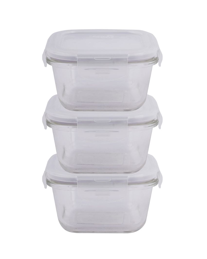 Euro Glass Square Food Storage Containers With Lid | 300ml | Set Of 3