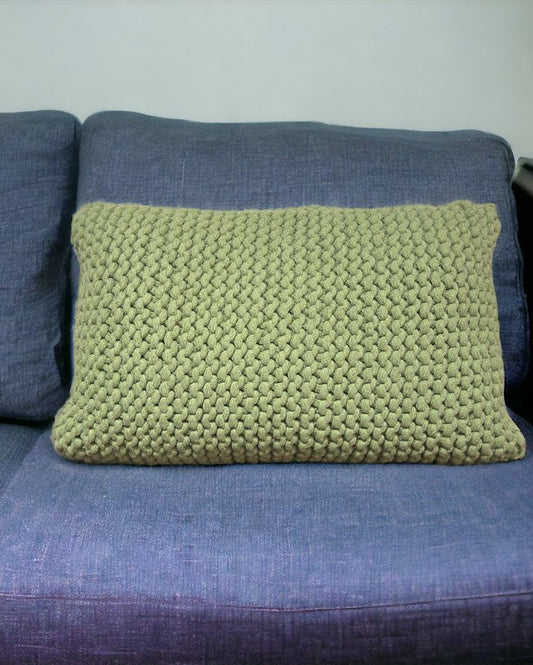 Green Hand Knitted Cotton Cushion Cover | 14 x 22 Inches