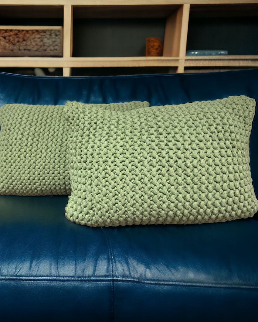 Green Hand Knitted Cotton Cushion Cover | 14 x 22 Inches