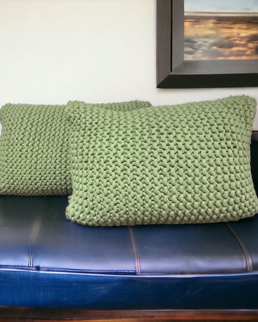 Green Hand Knitted Cotton Cushion Cover | 14 x 22 Inches