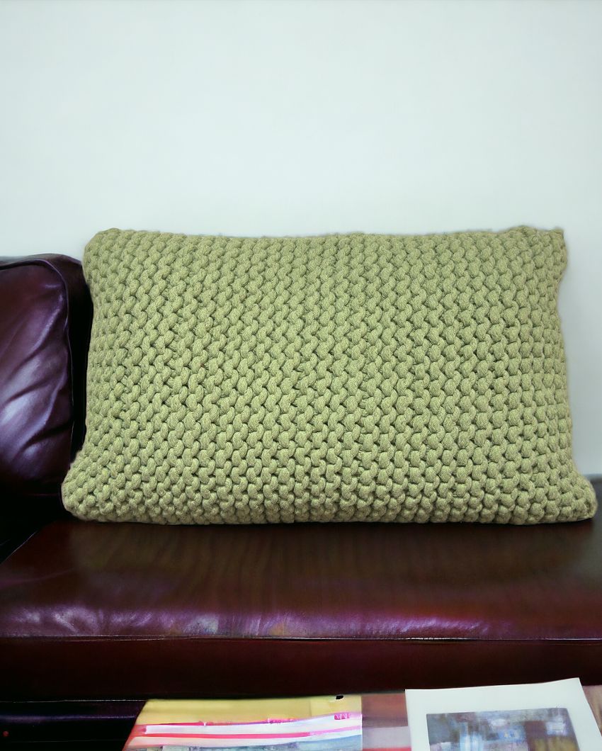 Green Hand Knitted Cotton Cushion Cover | 14 x 22 Inches