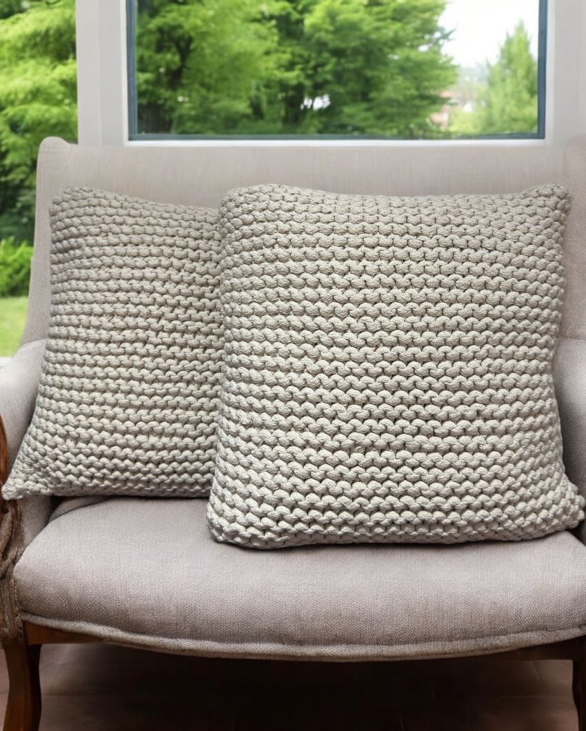 Natural Hand Knitted Cotton Cushion Cover | 14 x 22 Inches