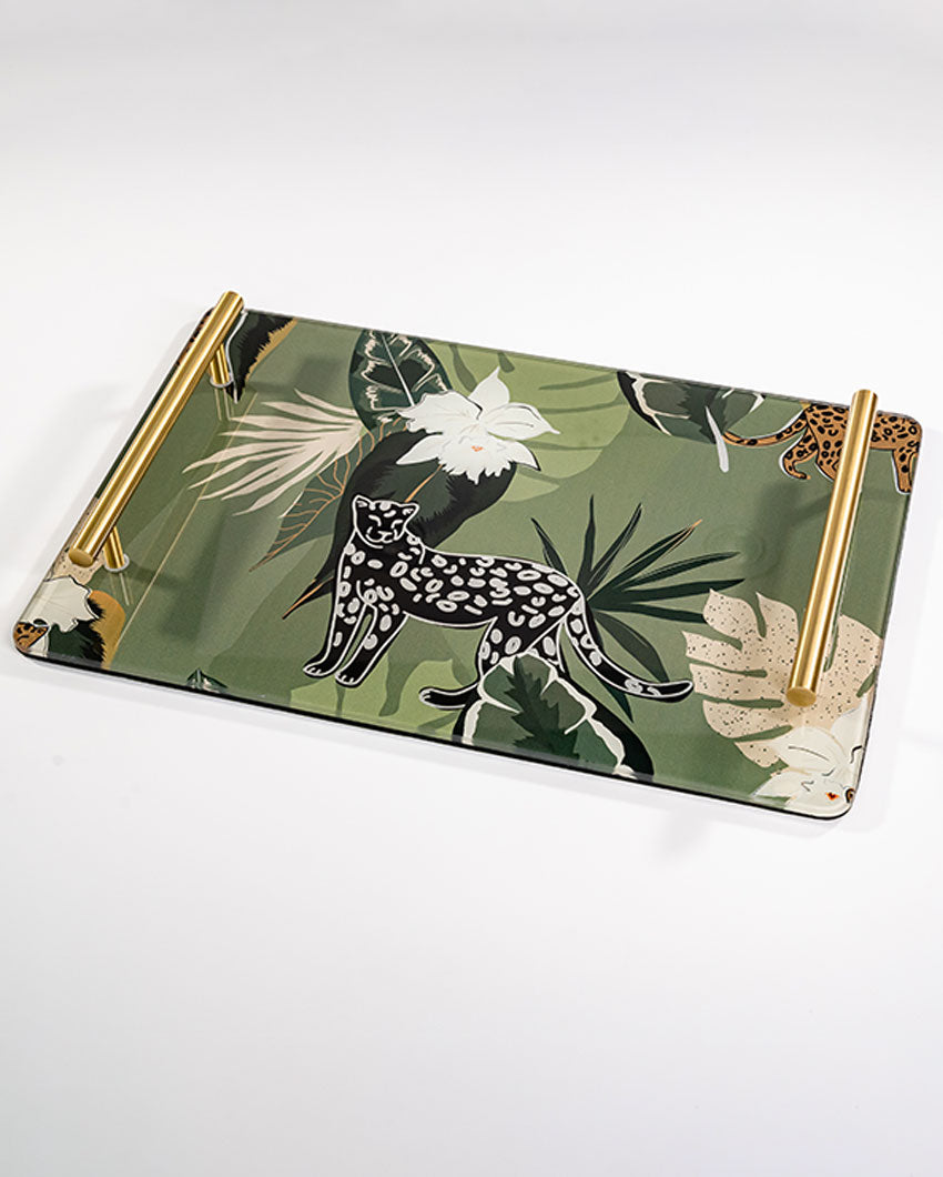 Vintage Feel Wildlife Design Glass Serving Tray | 14 x 9 x 2 inches