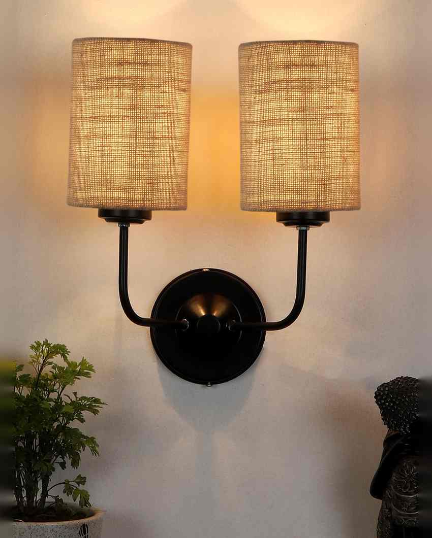 Sophisticated Jute Wall Dual Lamp Iron Base | Set of 2 | 4 x 12 x 14 inches