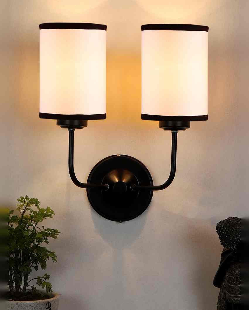 Classic White & Black Cotton Wall Mounted Dual Lamp Iron Base | Set of 2 | 4 x 12 x 14 inches