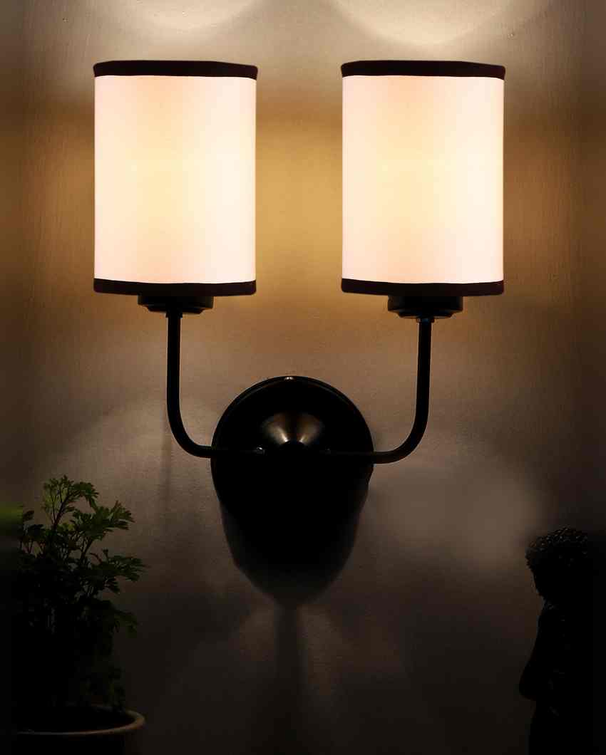 Classic White & Black Cotton Wall Mounted Dual Lamp Iron Base | Set of 2 | 4 x 12 x 14 inches