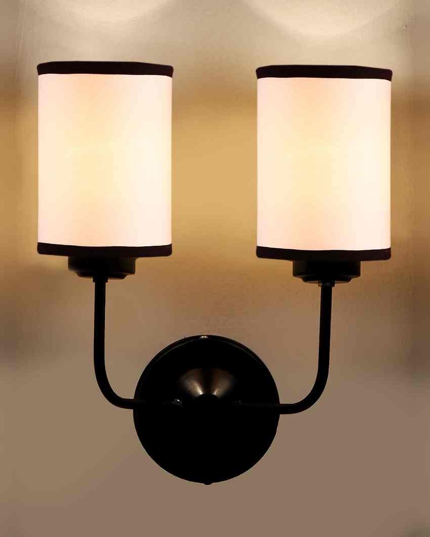 Classic White & Black Cotton Wall Mounted Dual Lamp Iron Base | Set of 2 | 4 x 12 x 14 inches