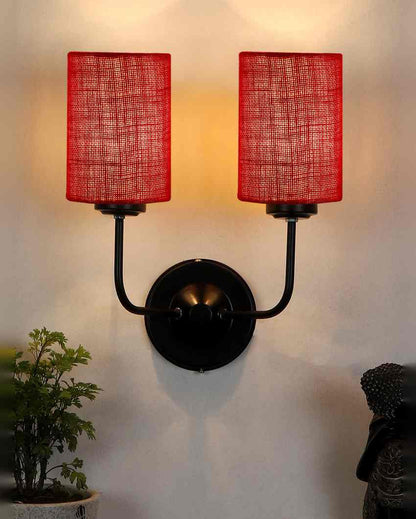 Sophisticated Jute Wall Dual Lamp Iron Base | Set of 2 | 4 x 12 x 14 inches