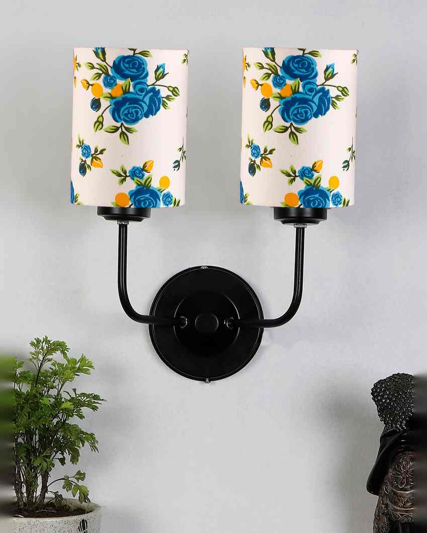 Elegant Cotton Shade Wall Mounted Dual Lamp With Iron Base | Set of 2 | 4 x 12 x 14 inches