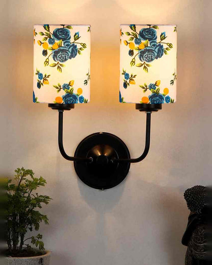 Elegant Cotton Shade Wall Mounted Dual Lamp With Iron Base | Set of 2 | 4 x 12 x 14 inches