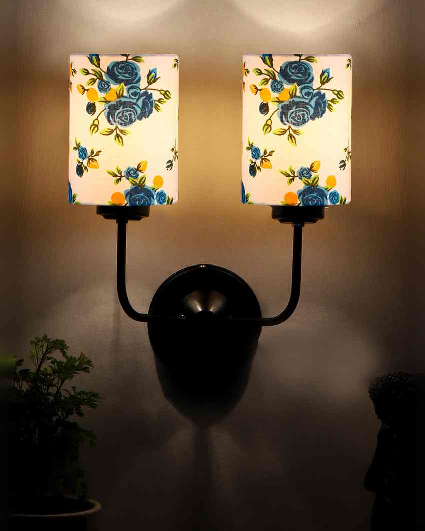 Elegant Cotton Shade Wall Mounted Dual Lamp With Iron Base | Set of 2 | 4 x 12 x 14 inches