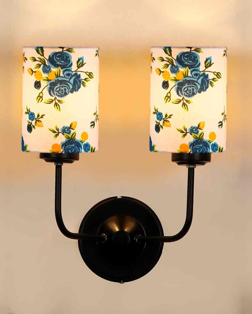 Elegant Cotton Shade Wall Mounted Dual Lamp With Iron Base | Set of 2 | 4 x 12 x 14 inches