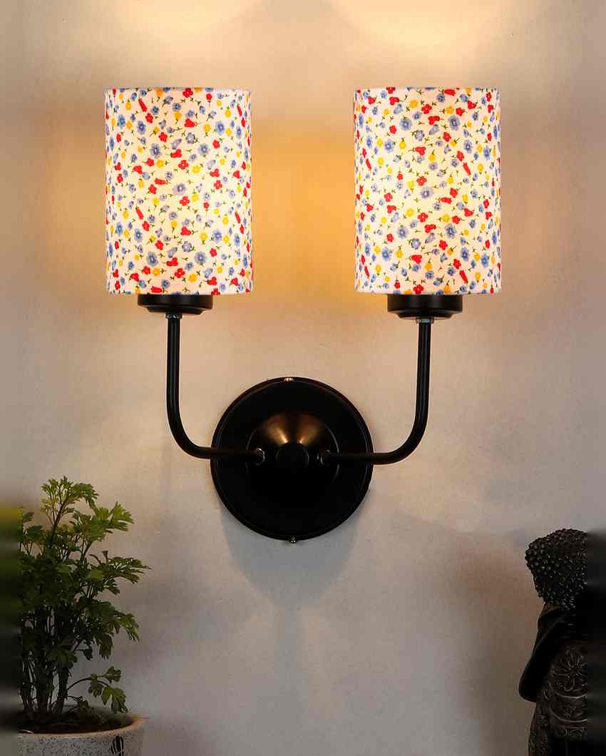 Simple Cotton Shade Wall Mounted Dual Lamp With Iron Base | Set of 2 | 4 x 12 x 14 inches