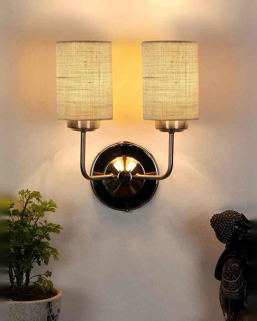 Classic Cotton Wall Mounted Dual Lamp with Steel Base | Set of 2 | 4 x 12 x 14 inches